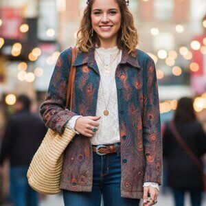 Coldwater Creek 1X $198 Teal‎ Orange Peacock Feather Beaded 100% Wool Jacket